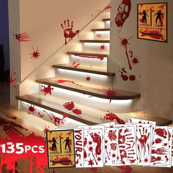 Zombie Bloody Mess Cling Set Handprint Footprint Splats 14-Sheets 135-Pieces - Picture 5 of 7